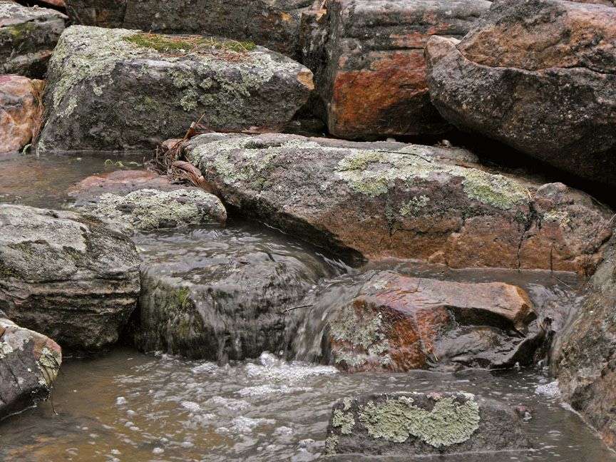 Water flows gently over moss-covered, dark grey and brown rocks in a natural stream setting.
