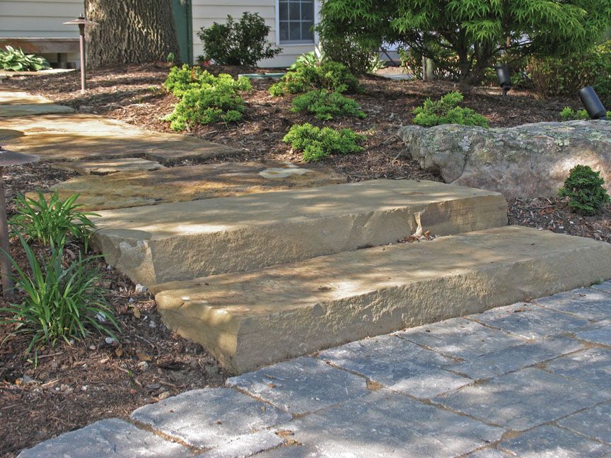Two natural stone steps leading from a paved walkway up a landscaped garden path.