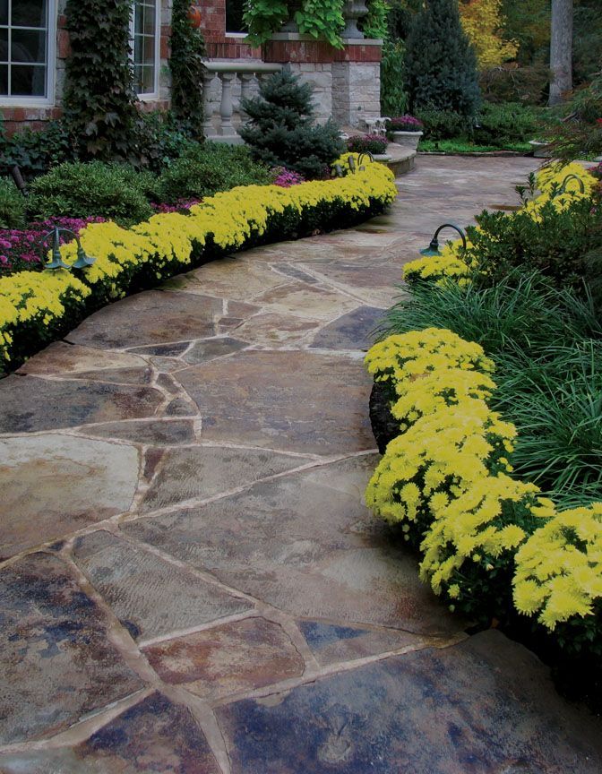 A stone walkway winds past lush greenery and bright yellow flowering bushes toward a brick and stone building.