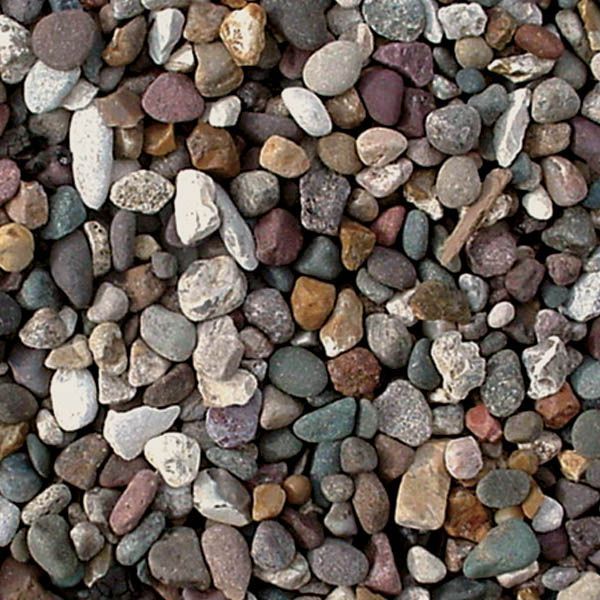 A close-up view of a pile of smooth, multi-colored river stones and pebbles in shades of gray, brown, white, and tan.