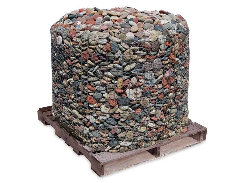 Stone-filled cylindrical pallet in a wooden crate