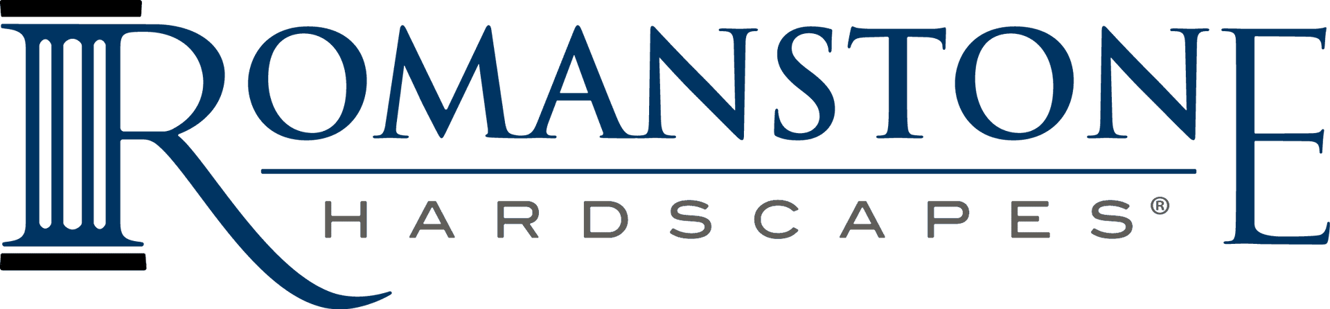 Roman Stone Hardscapes logo with blue columns and gray text on a white background