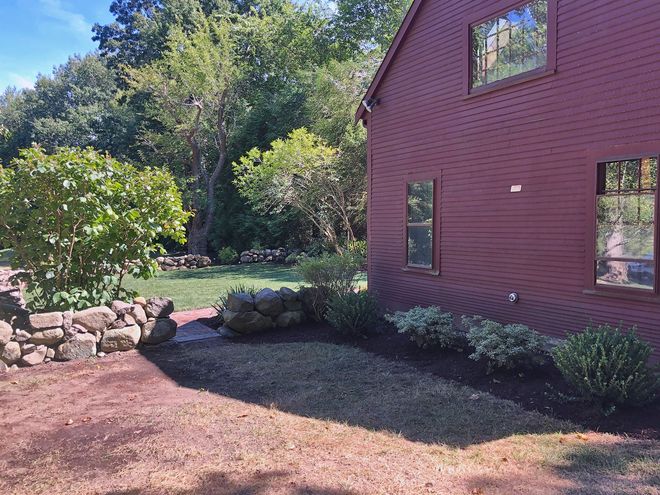 A spiral-shaped topiary surrounded by small, round green bushes, red flowers, and white mulch in a manicured house garden.