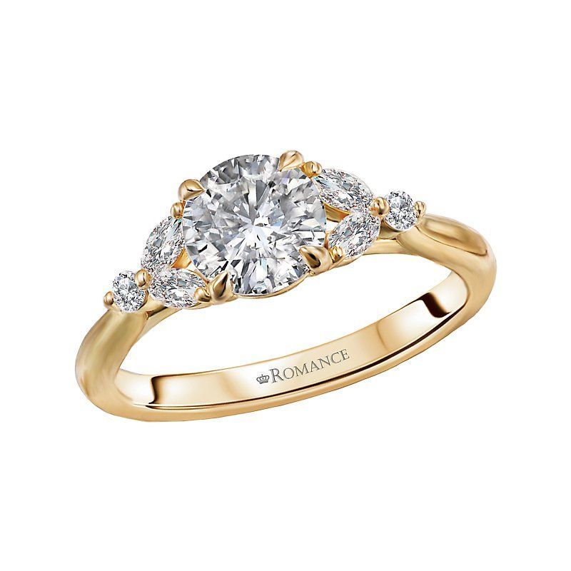 A yellow gold ring with a round diamond in the center surrounded by smaller diamonds.
