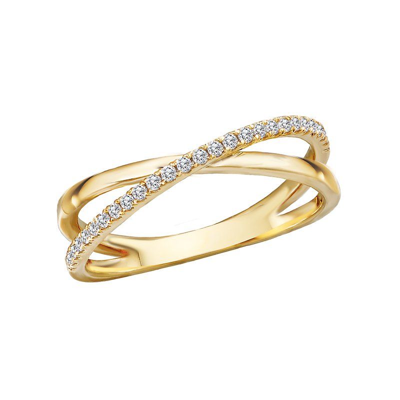 A yellow gold ring with diamonds on a white background.