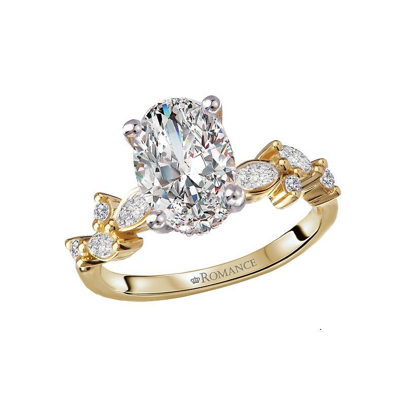 A yellow gold ring with an oval diamond in the center surrounded by smaller diamonds.