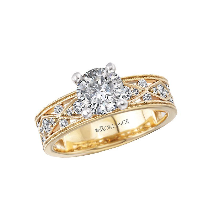 A yellow gold ring with a diamond in the center surrounded by smaller diamonds.