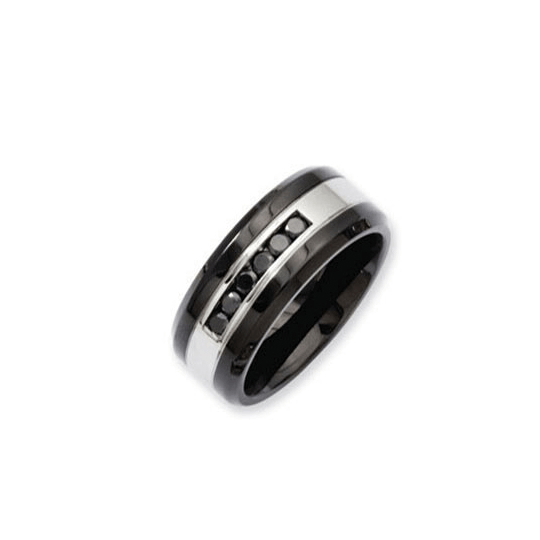 A black and silver ring with black diamonds on it