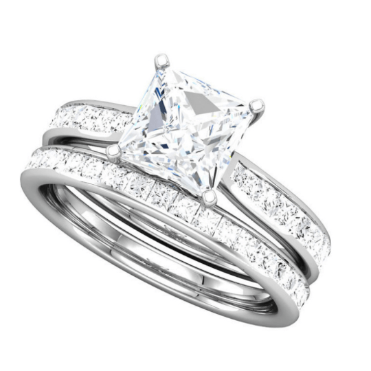 A princess cut diamond engagement ring and wedding band set in white gold.