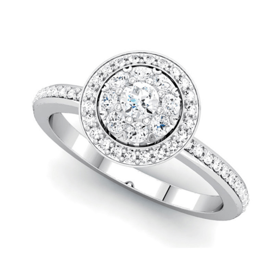 A white gold ring with a diamond in the center
