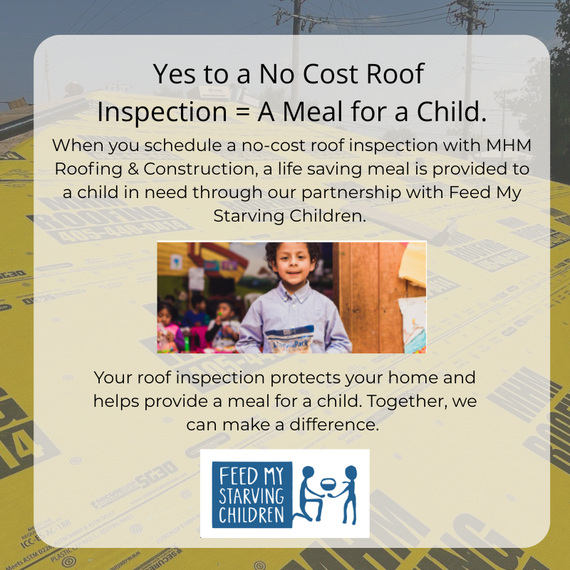 Promotional graphic: Free roof inspection, meal for a child. Boy pictured with