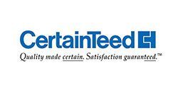 CertainTeed logo: blue text and symbol, white background.