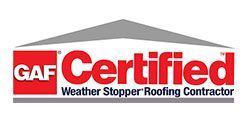 GAF Certified Weather Stopper Roofing Contractor logo with red and gray colors.