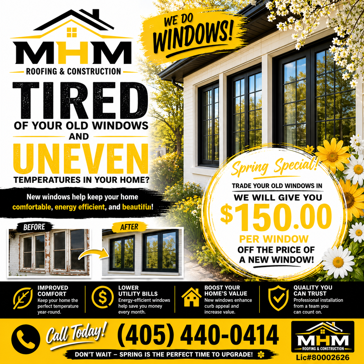 MHM Roofing & Construction ad for window replacement, with bold yellow-black text and home windows.