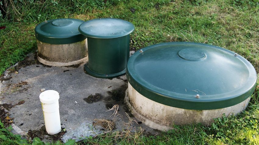 Three green utility covers and a white pipe on a concrete patch beside grass