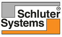 Schluter Systems logo with black text and gray and orange geometric bars on a white background