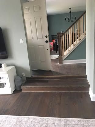 Entryway with dark wood flooring, front door, and staircase leading up to a living room.