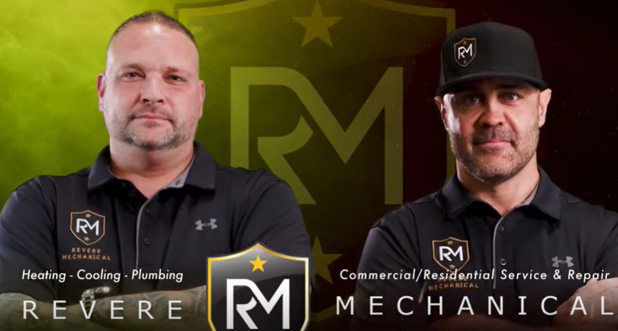 Two men are standing next to each other in front of a logo for revere mechanical