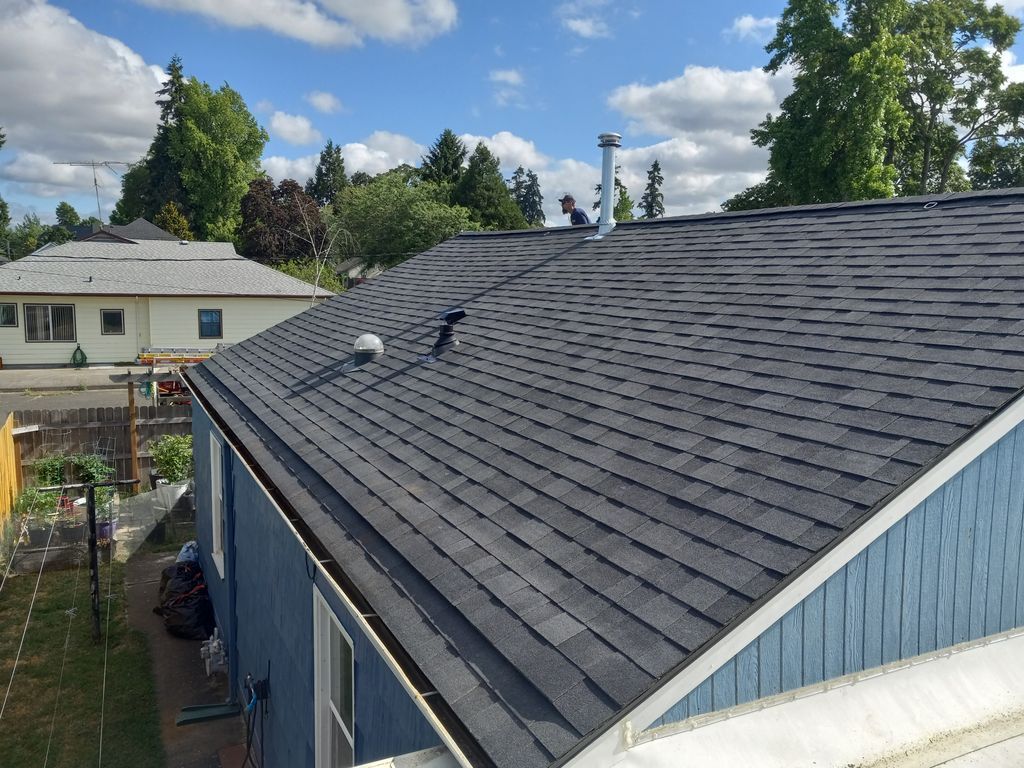 Dark shingled roof on a blue house under a cloudy sky, with trees and neighboring homes in the background