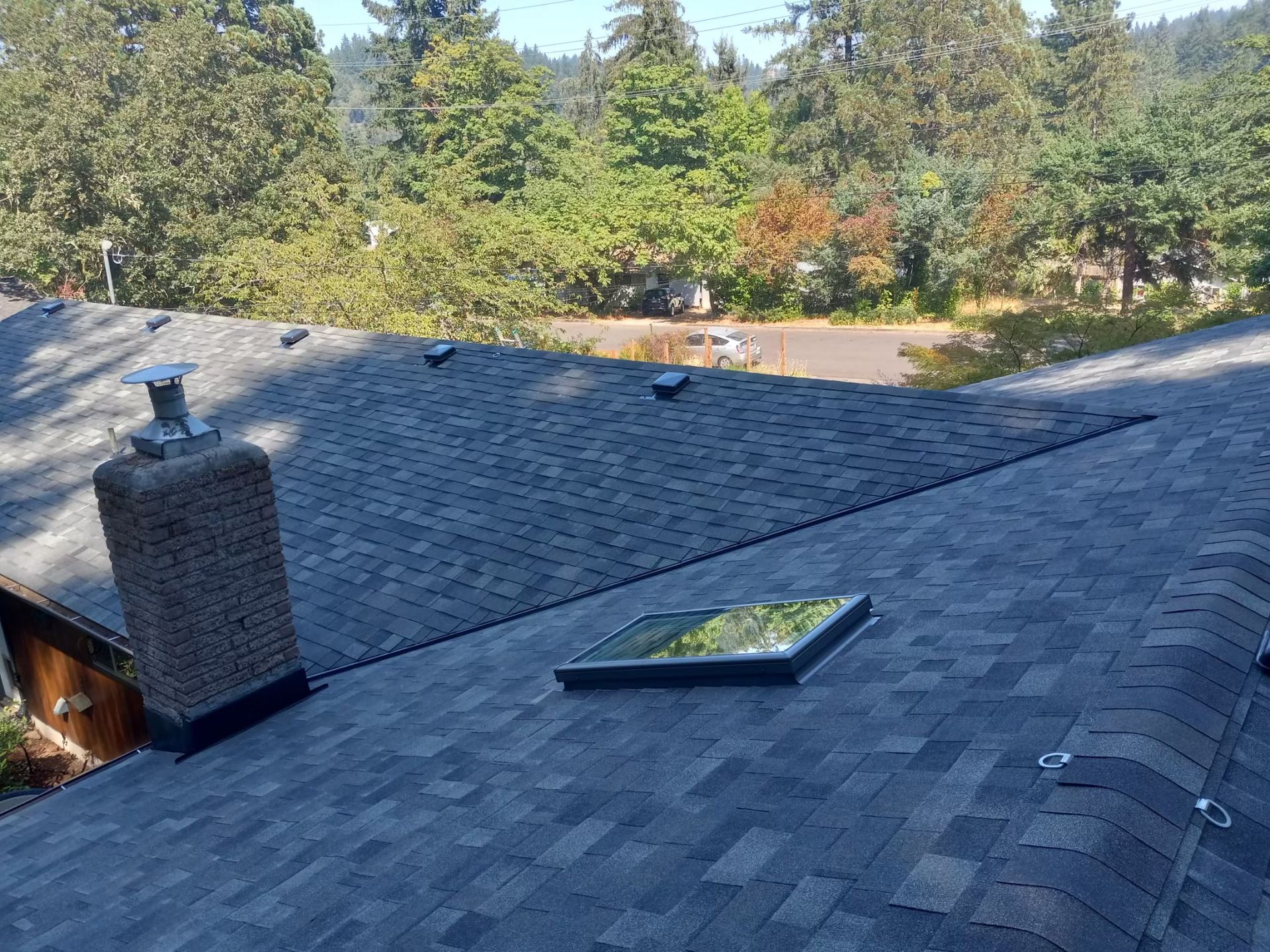 Rooftop with gray shingles and skylight, overlooking trees and a driveway beyond