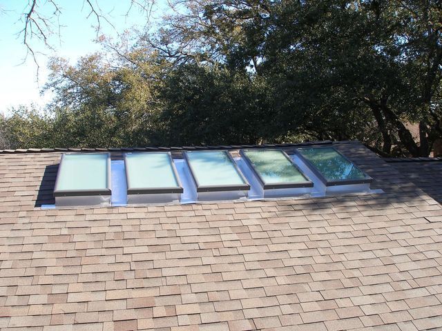Skylights on a brown shingled roof, trees in the background.