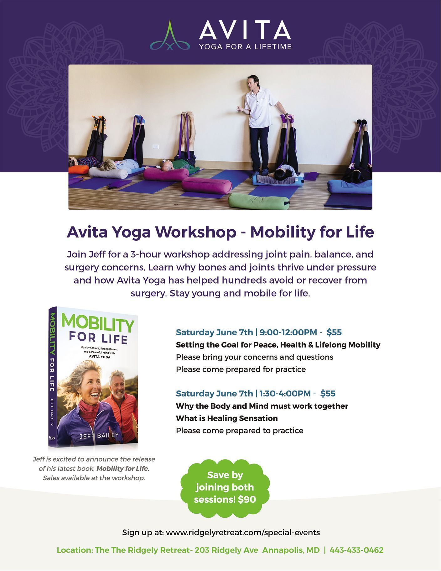 An advertisement for a yoga workshop called mobility for life.