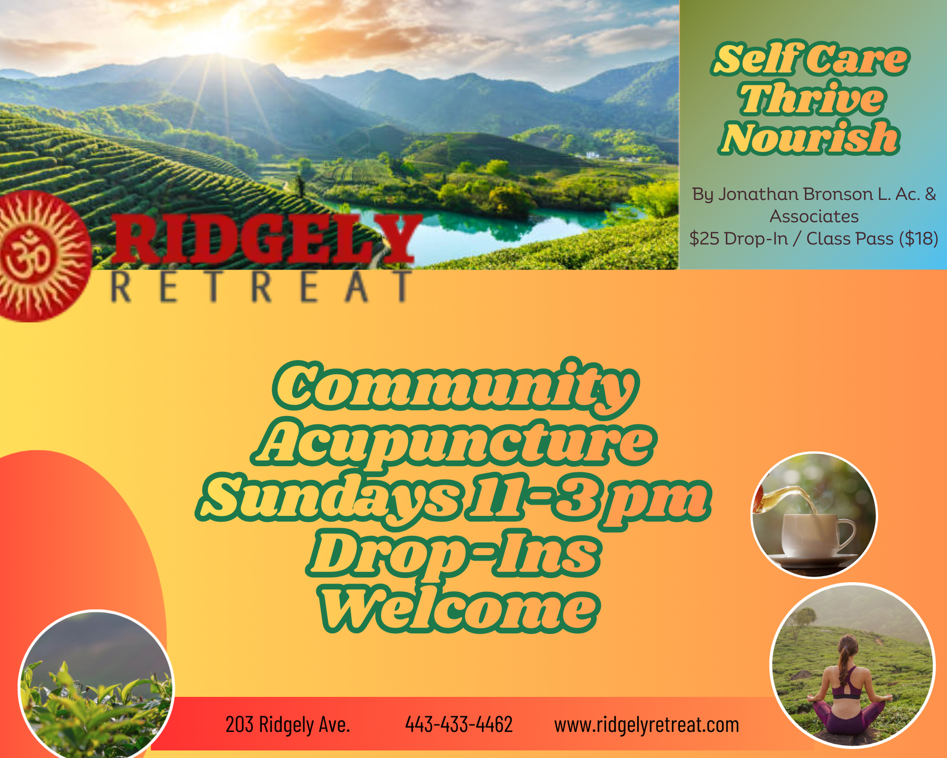 Advertisement for community acupuncture at Ridgely Retreat on Sundays. Bright green and orange design with mountains and tea imagery.