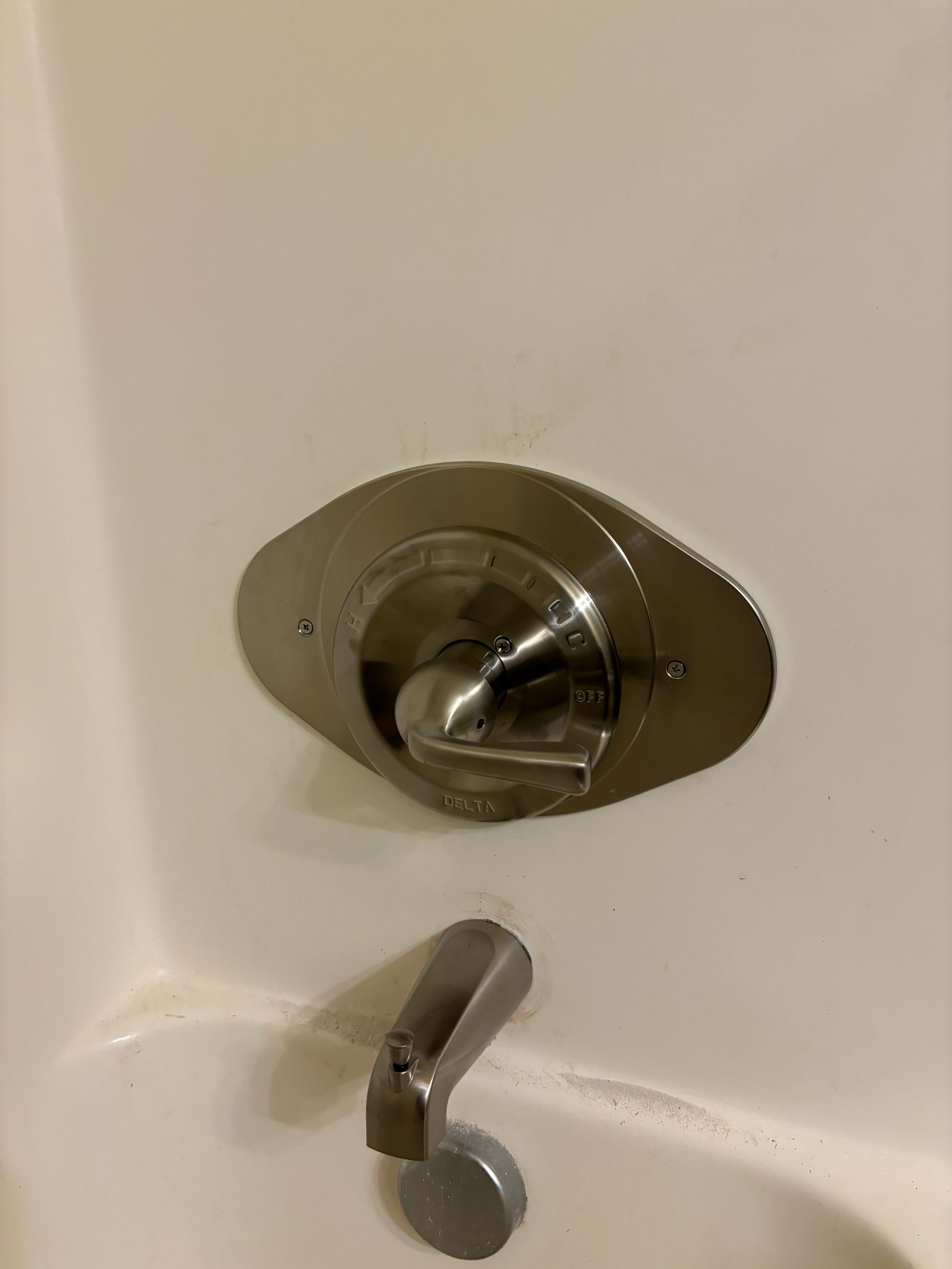 Bathroom faucet and valve with a silver finish against a white tub. The valve has a single lever.
