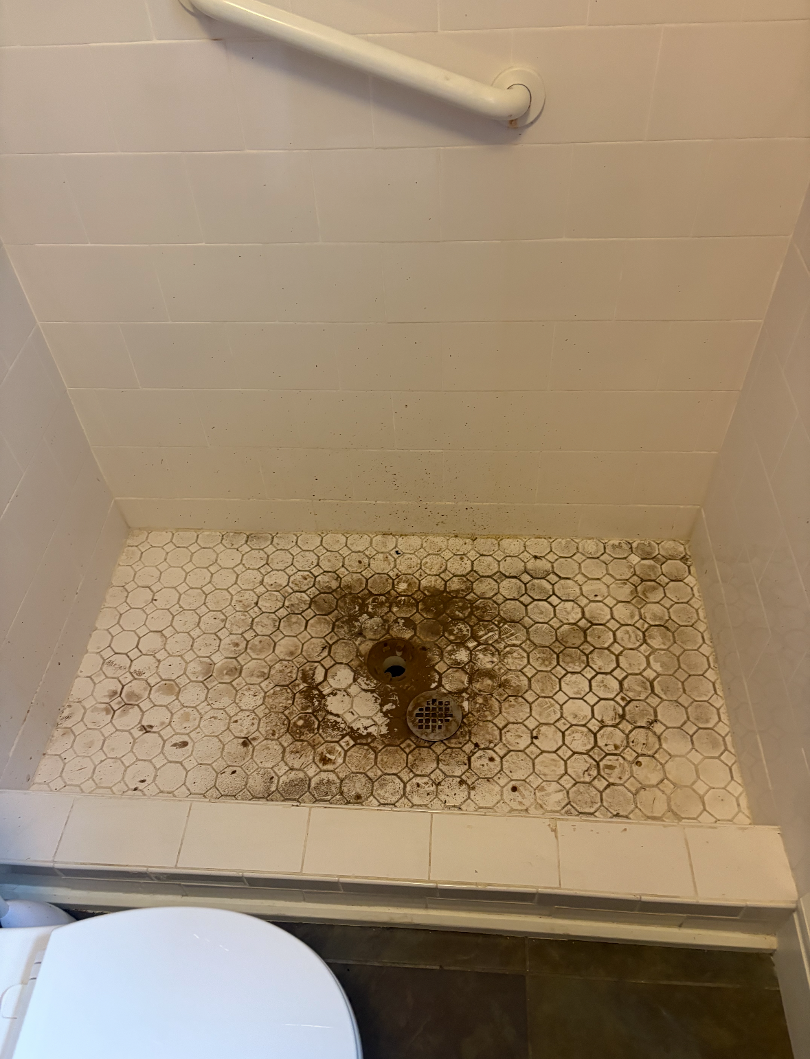 Shower stall with brown and tan debris concentrated near drain. White walls and a white showerhead.