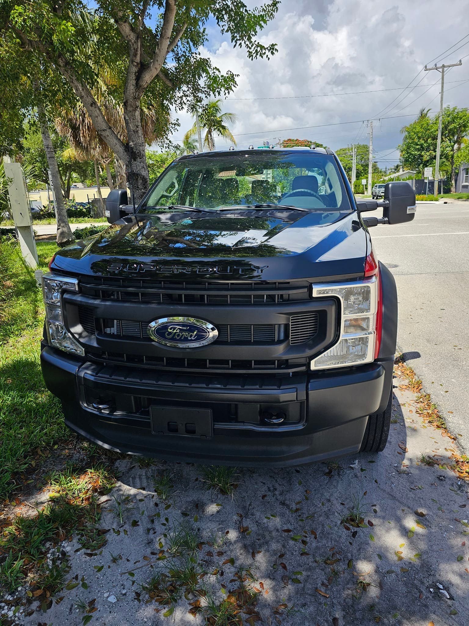 A black ford truck is parked on the side of the road next to a tree.