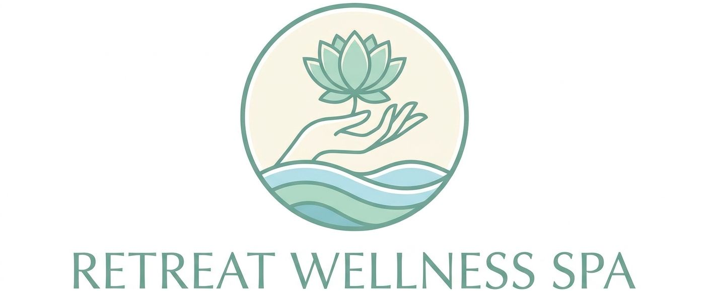 Retreat Wellness Spa logo with lotus and wave illustration in soft green and blue