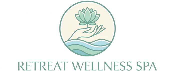 Retreat Wellness Spa logo with lotus and wave illustration in soft green and blue
