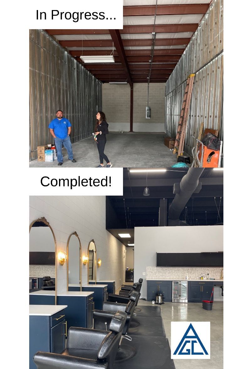A before and after picture of a hair salon being remodeled.
