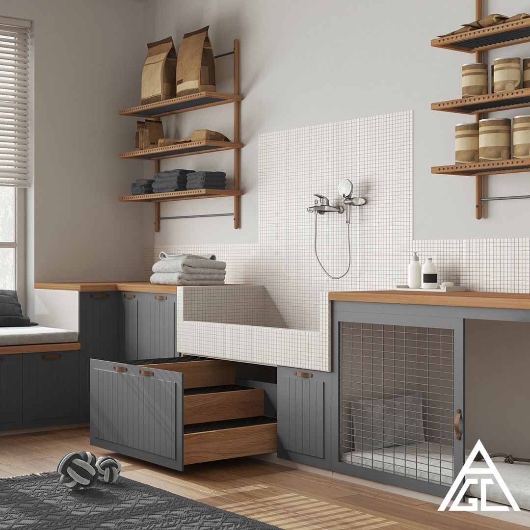 There is a dog kennel in the middle of the room.