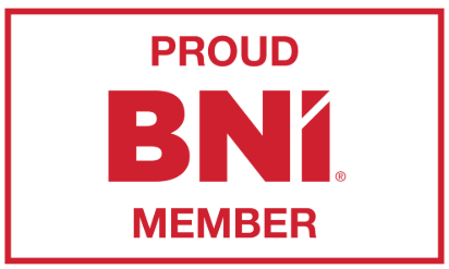 The bni logo is red and white and says proud bni member.