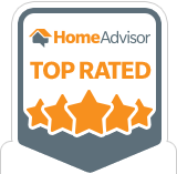 A home advisor top rated badge with five stars on it.
