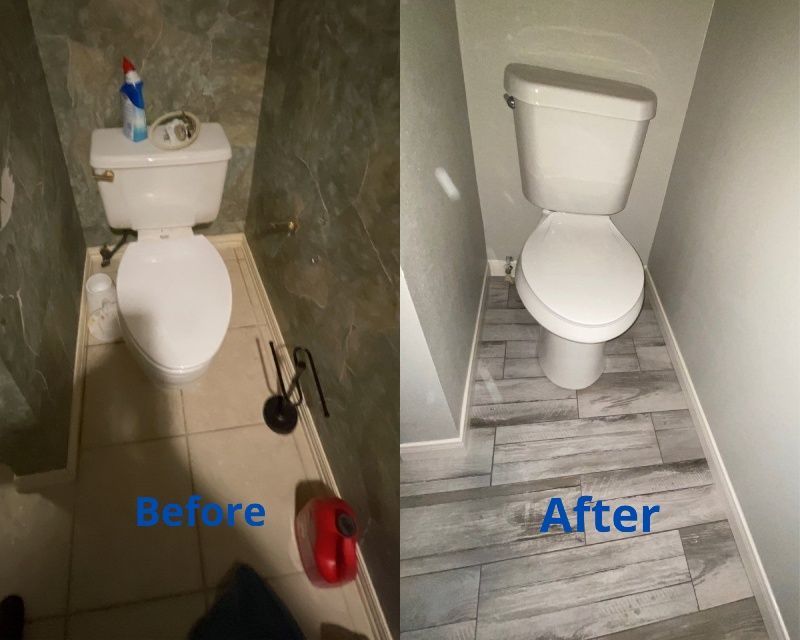 A before and after picture of a toilet in a bathroom.