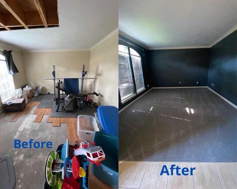 A before and after photo of a living room