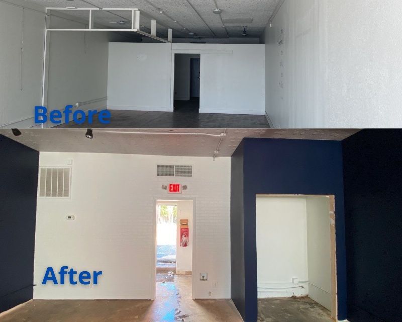 A before and after photo of a room with blue walls.