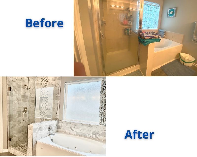 A before and after photo of a bathroom with a tub and shower.