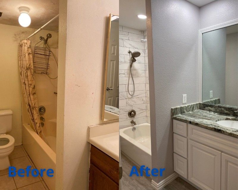 A before and after photo of a bathroom with a toilet , sink and shower.