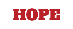 Red word “HOPE” in bold block letters on a white background