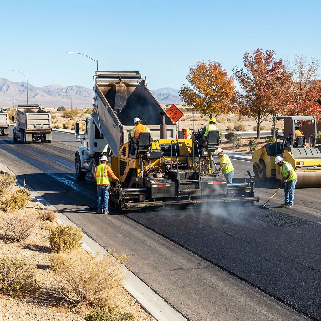 Road paving in progress; asphalt paver, dump trucks, workers, and roller on a road under a sunny sky.