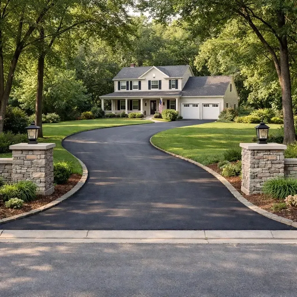 Asphalt driveway leads to a two-story house with a white exterior, flanked by lush green lawns and trees.