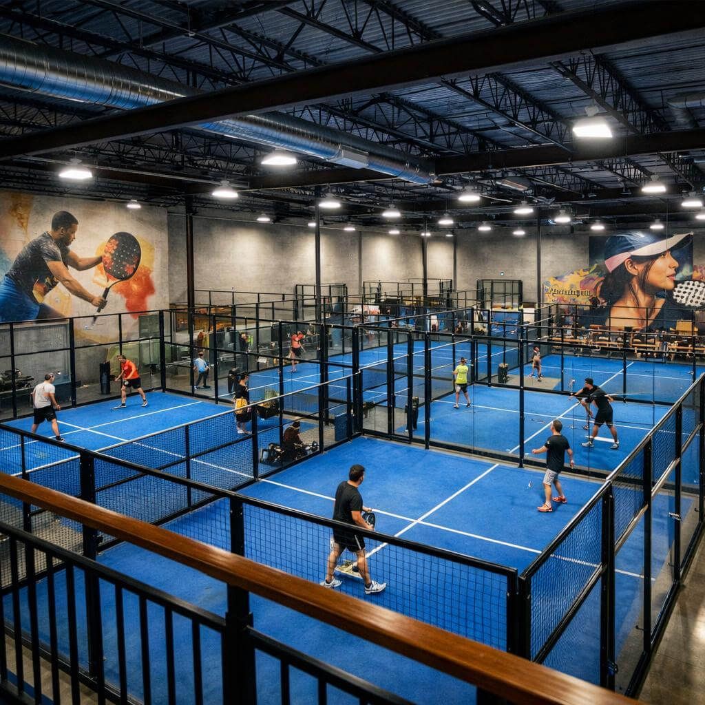Indoor padel tennis facility with multiple blue courts, players, and large wall murals.