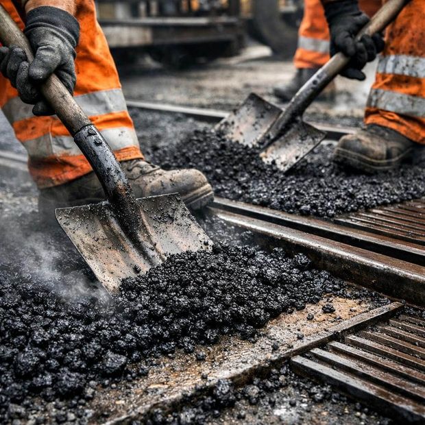Road workers in orange vests shoveling asphalt on tracks.