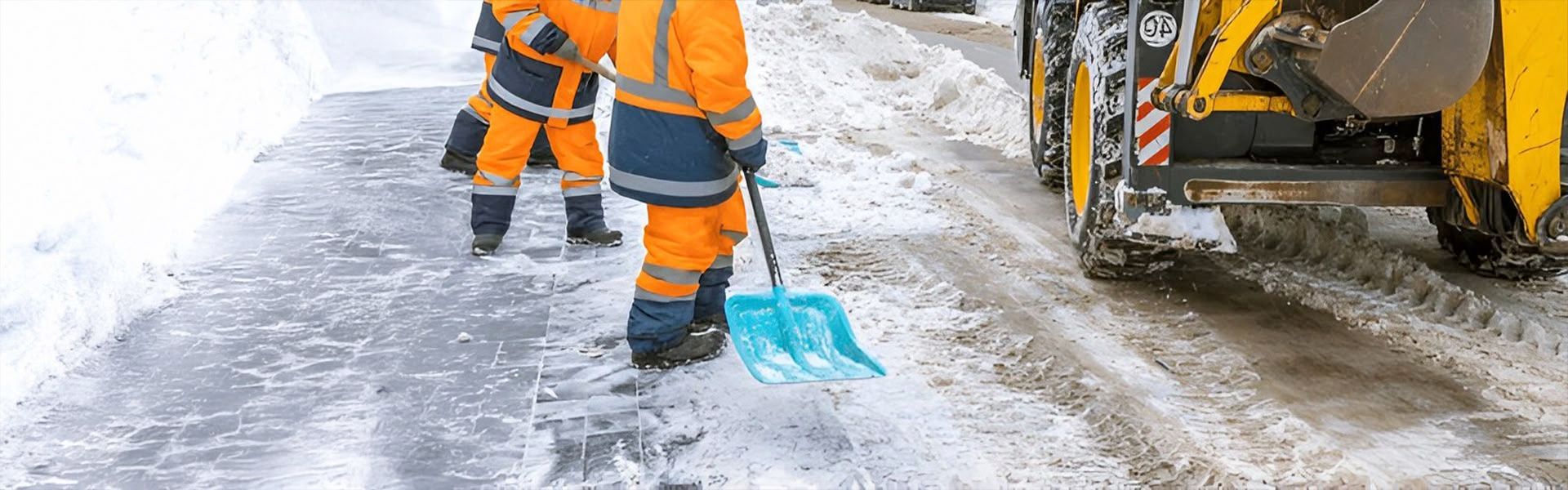 Workers in orange suits use shovels to clear snow from a sidewalk next to a yellow snowplow.