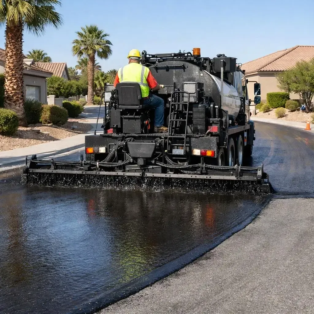 Asphalt paving machine laying black pavement on a residential street. A construction worker in safety vest operates the machine.