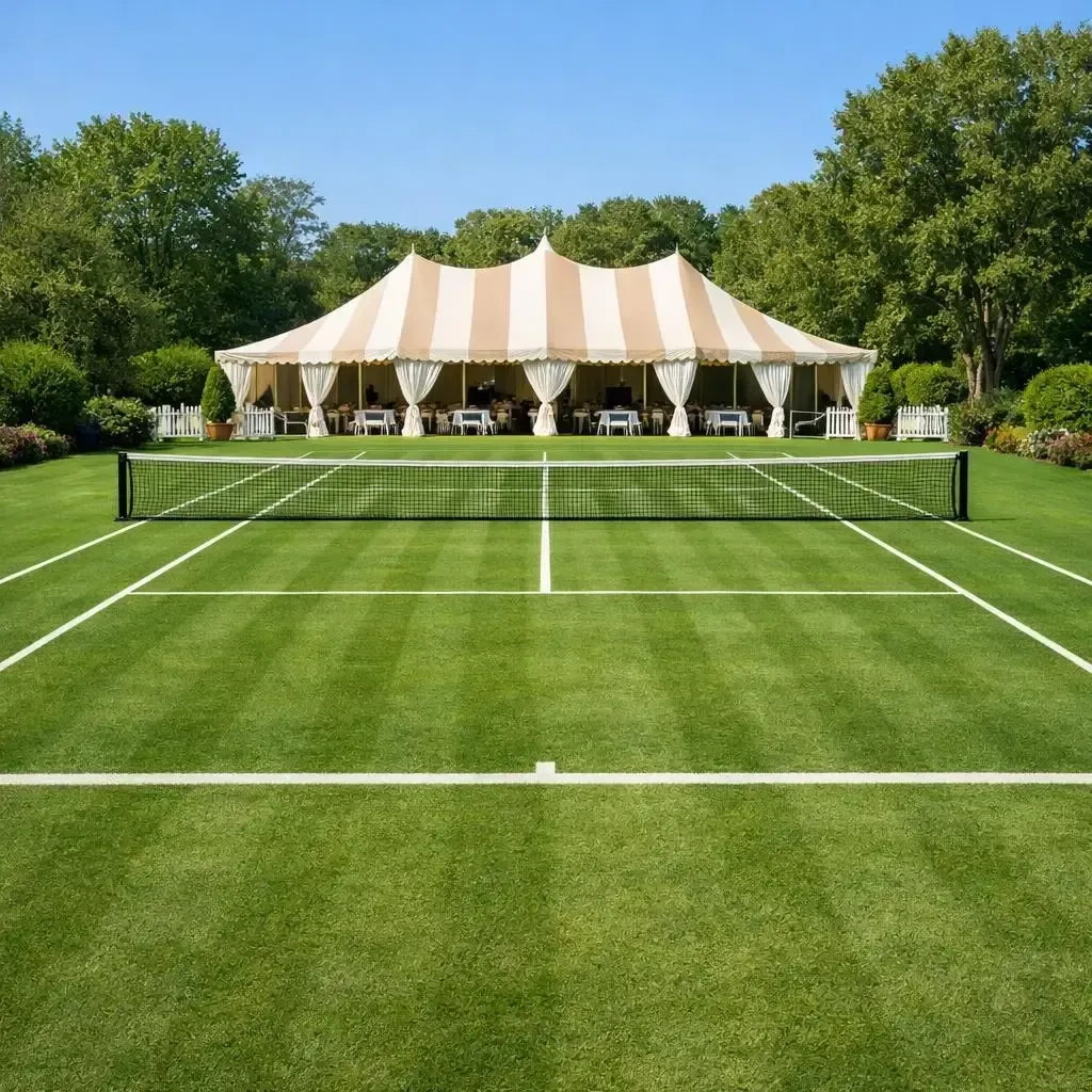 Tennis court with net and beige striped tent in the background, set on manicured green lawn.