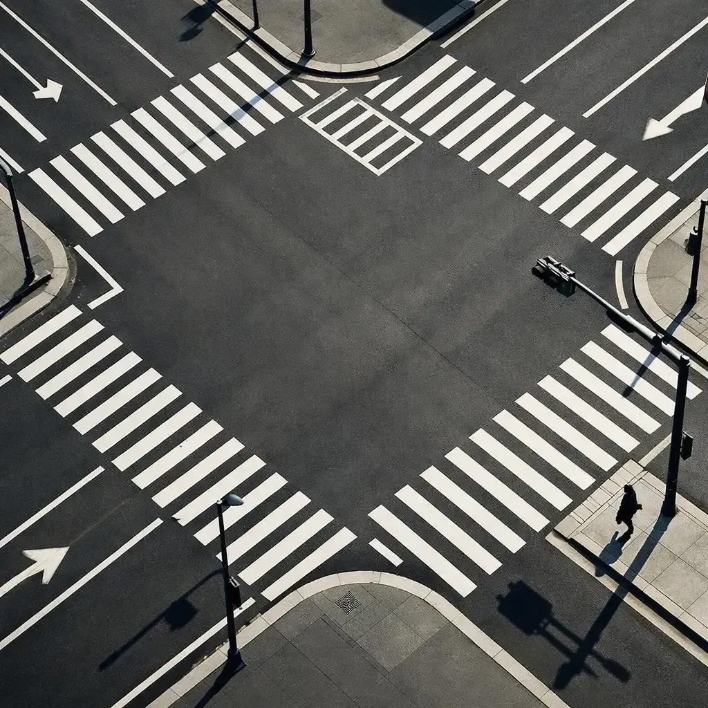 Overhead view of a city intersection with crosswalks, a pedestrian, and streetlights.